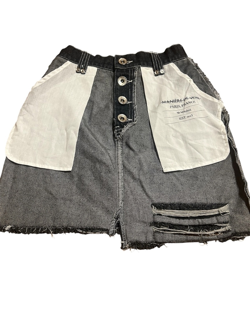 Maniere De Voir Black and White Two-Tone Distressed Denim Shorts
